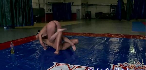  Wrestling lesbian straponfucked while oiled